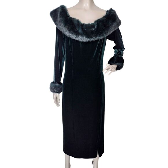 Vintage 80s 90s Aspeed Green Velvet Faux Fur Volump Bombshell Party Dress NEW - Picture 3 of 9
